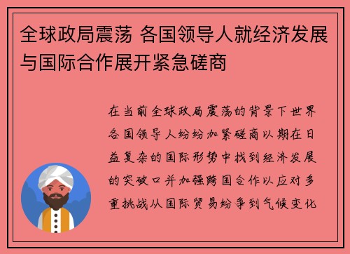 全球政局震荡 各国领导人就经济发展与国际合作展开紧急磋商